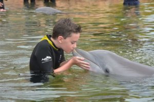 Boy kissing a dolpin at Discovery Cove on Family trip with boy with autism